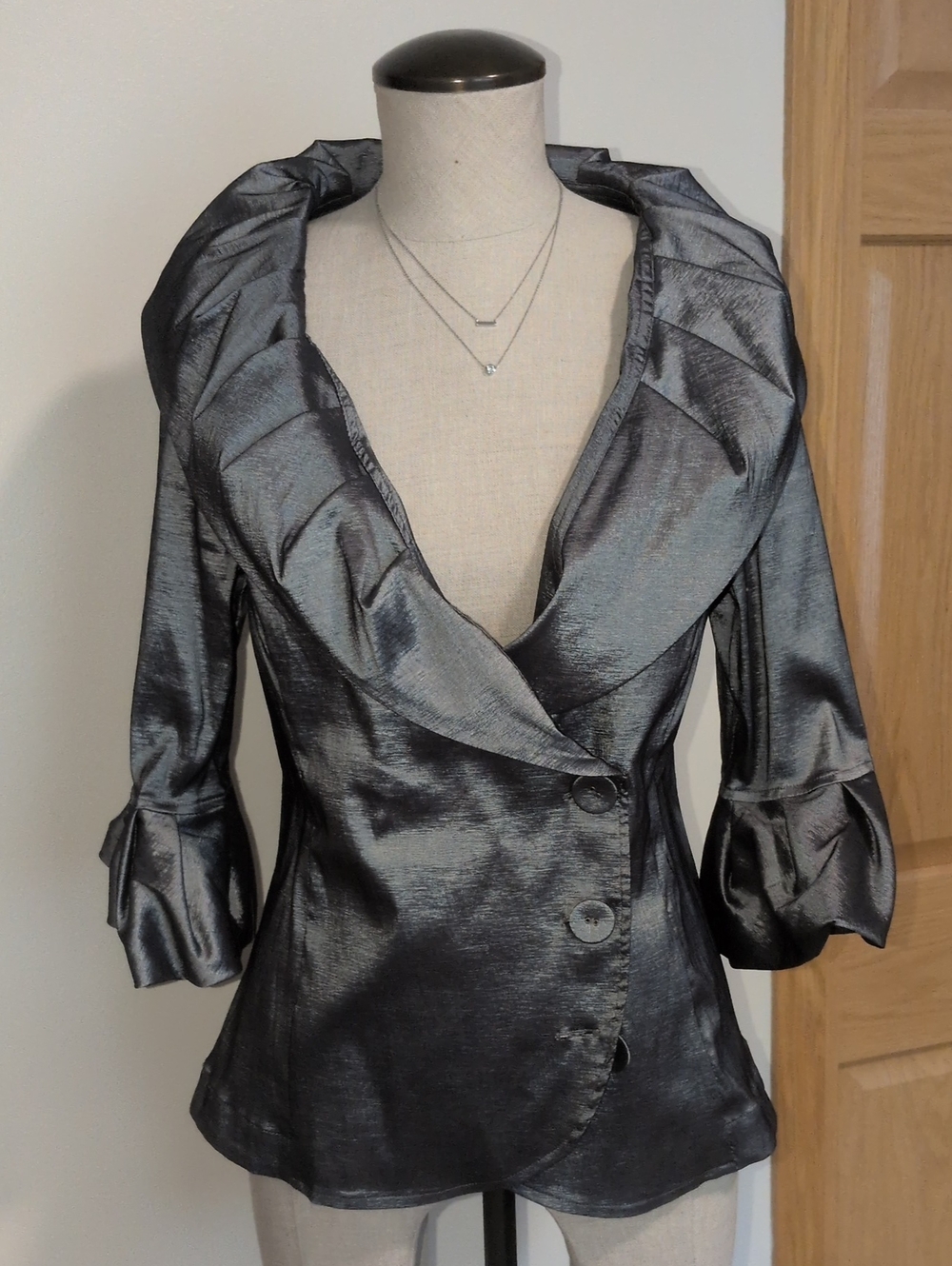 Jerry Y M Womens Metallic Gray Satin Peplum Jacket